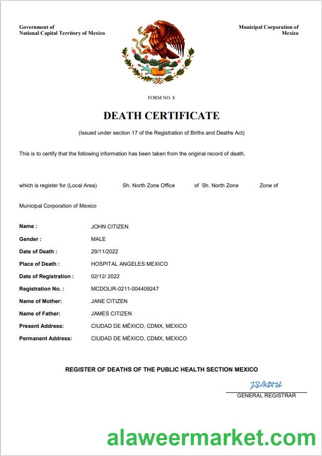 Mexico vital record death certificate Word and PDF template